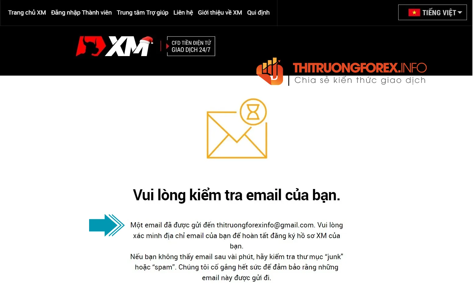 Thông báo kiểm tra email tài khoản XM