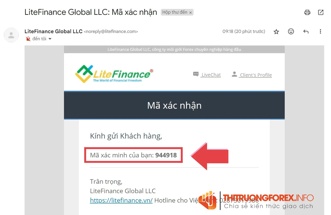 Tìm mã xác nhận của LiteForex gửi về email